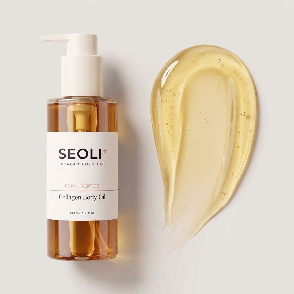 Seoli Collagen Body Oil and its golden oil texture